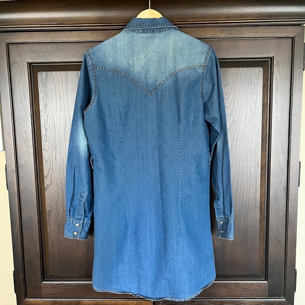 WRANGLER Denim Dress Womens S Pearl Snaps Western Cowgirl Rodeo Season No Belt - Picture 5 of 9